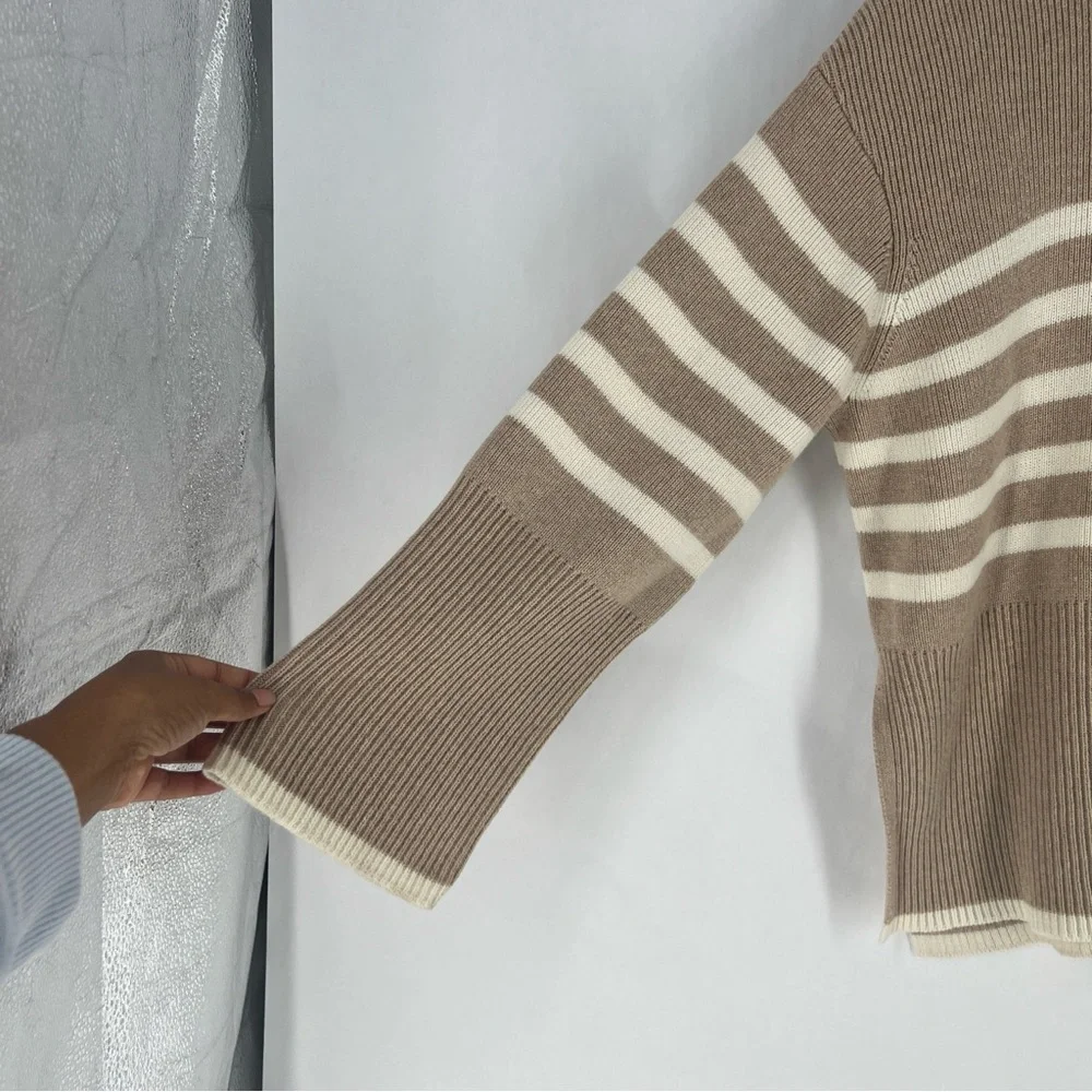 Rails Tessa‎ Sweater Merino Wool Sand Striped Quarter Zip Mock Neck Sweater L